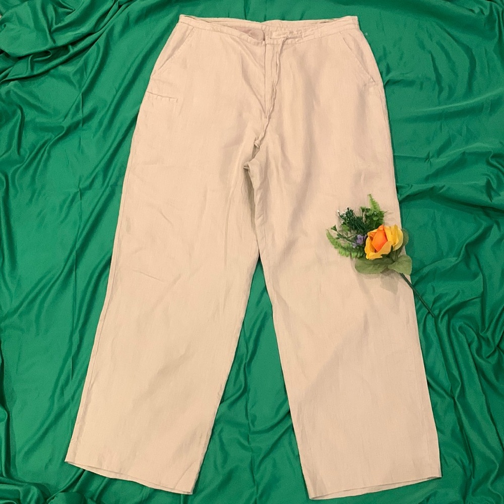 🌹VINTAGE LINEA UAMO •  Drawstring & Button Zip Cream 100% Linen Pants